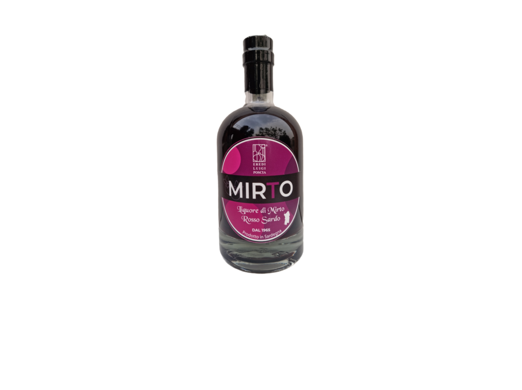 liquore di mirto rosso Poscia, ottenuto dall'infusione idroalcolica di bacche di mirto rosso mature, sardegna,